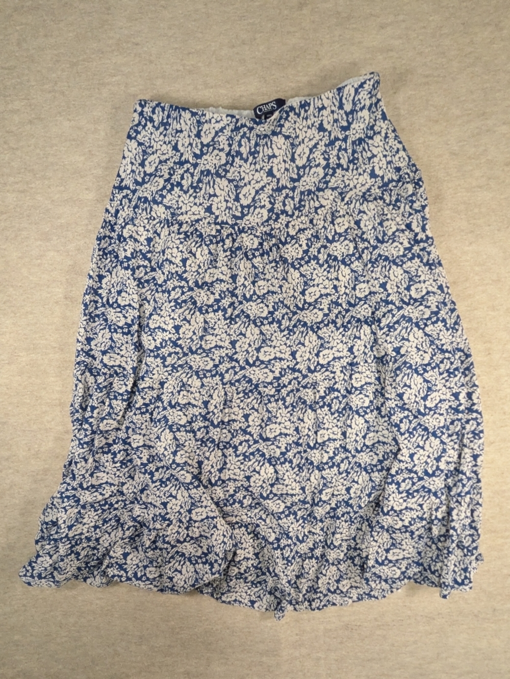 Chaps 100% Cotton Navy Blue & White Floral Tiered Lined Summer Maxi Skirt Small